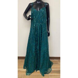 Say Yes Women's Green Trendy Glitter V Neck Lined Mesh Zipper Gown Size 18W NWT